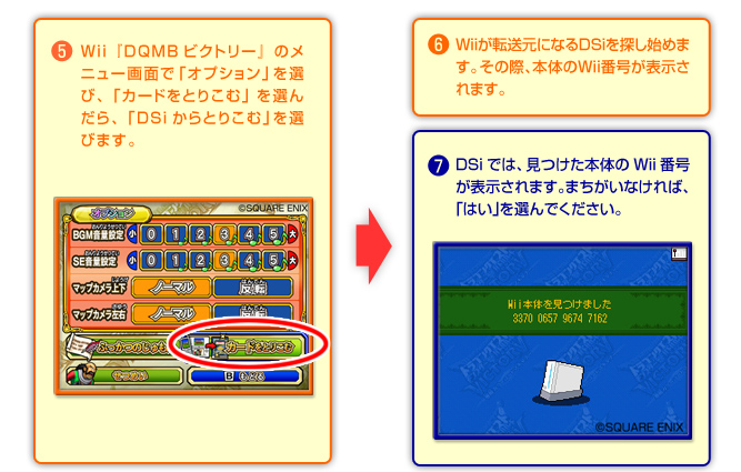 ⑤Wii「DQMBビクトリー」のメニュー画面で「オプション」を選び、「カードをとりこむ」を選んだら「DSiからとりこむ」を選びます。　⑥Wiiが転送元になるDSiを探し始めます。その際、本体のWii番号が表示されます。　⑦DSiでは、見つけた本体のWii番号が表示されます。まちがいなければ、「はい」を選んでください。